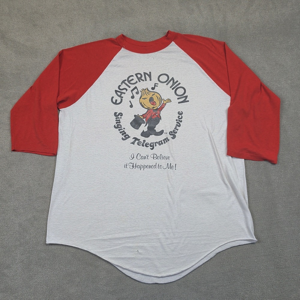 Vintage Stedman Raglan Shirt Mens XL White Red Eastern Onion Singing Telegram